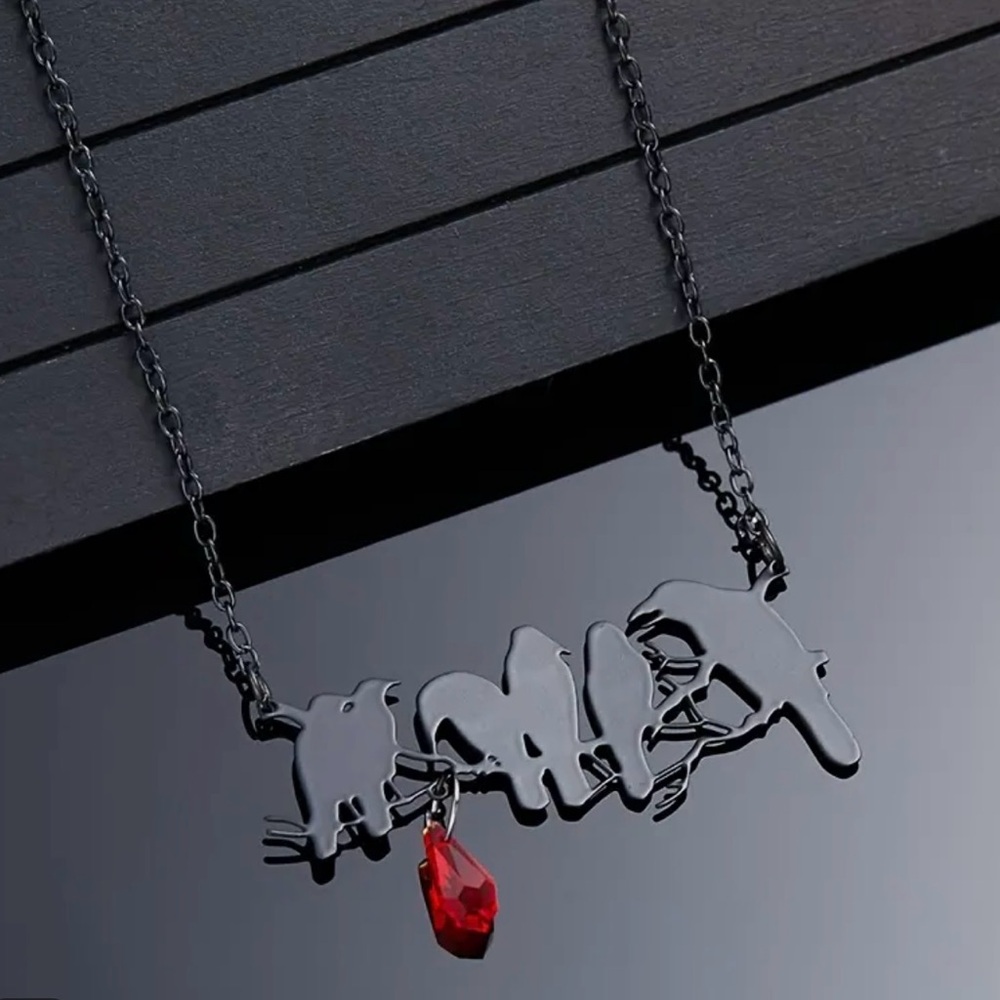 “Raven” Edgar Poe Perched Crows Birds Blood Droplet Macabre Gothic Grim Necklace - Picture 6 of 16